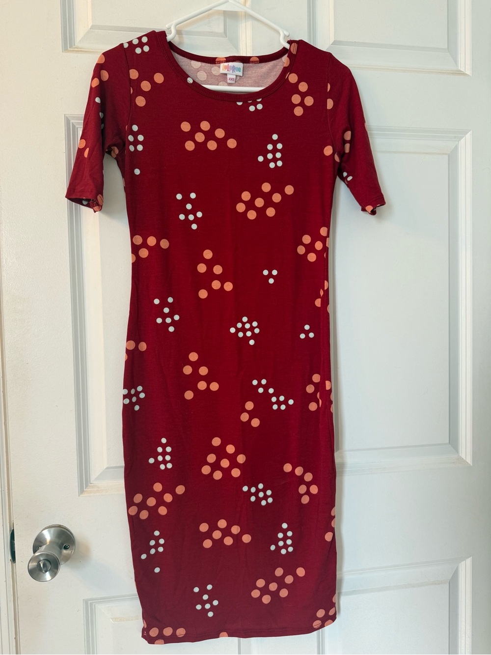 LuLaRoe Burgundy Midi Dress with Orange and White Dot Pattern